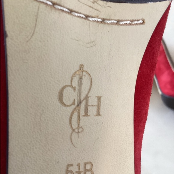 Cole Haan Red Suede Heels with Gold Trim - Picture 2 of 3